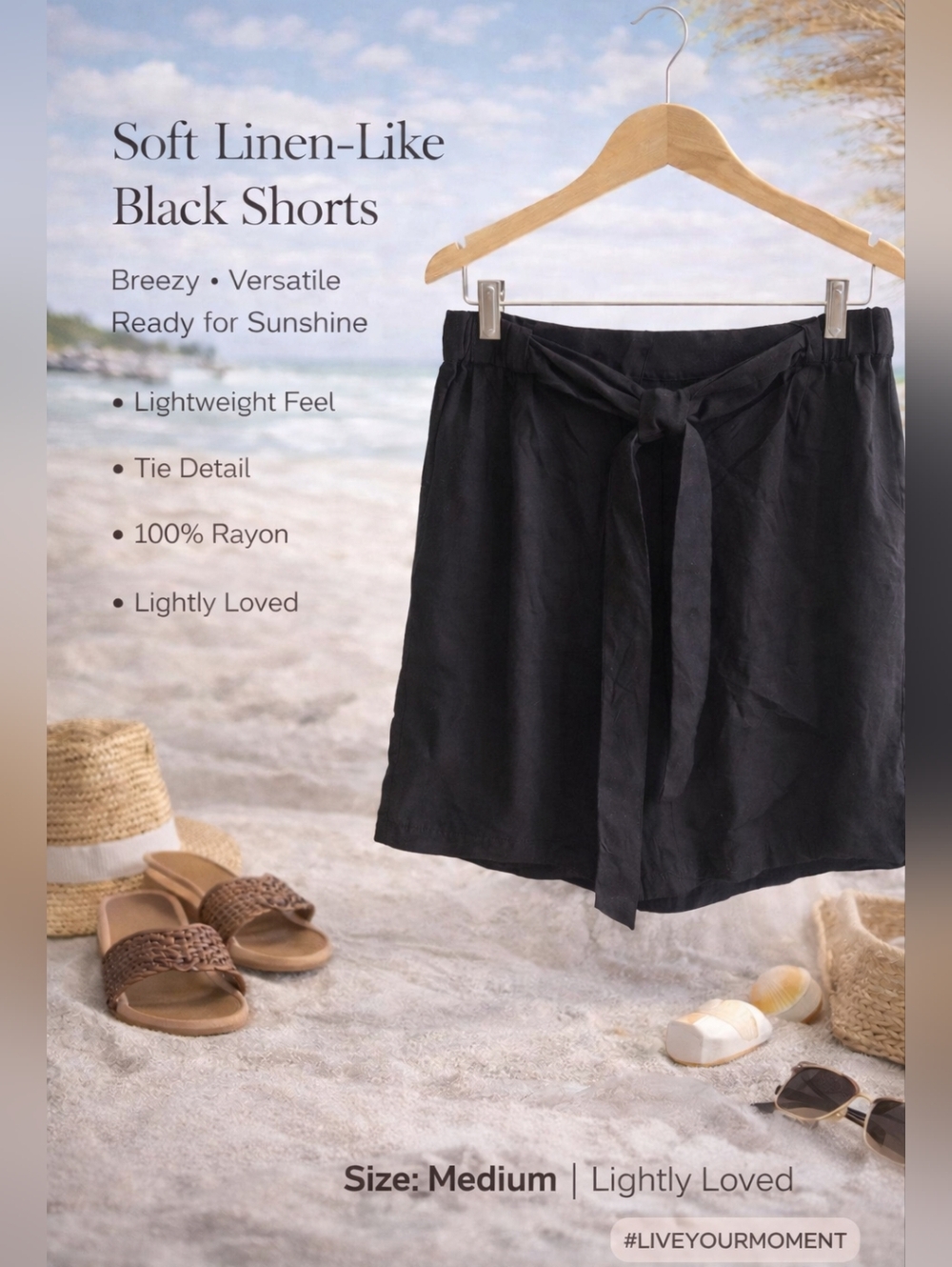 Black Elastic Waist 100% Rayon Shorts With Pockets